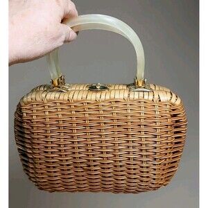 VINTAGE Babette Wicker Basket Handbag Purse Faux Pearl Lucite Handle British HK